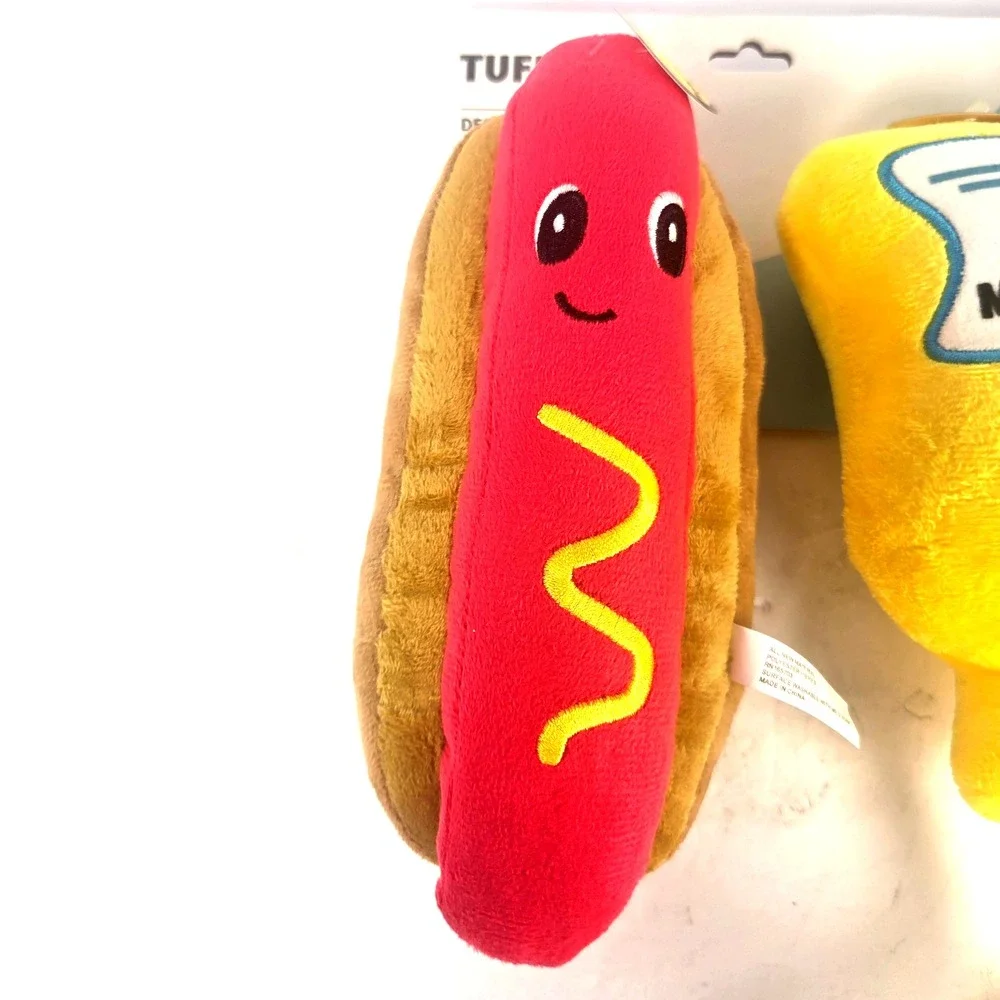 TUFF Toys Hot Dog Mustard Dog Toys 2 Piece Plush Squeaky Rope Toy Set New